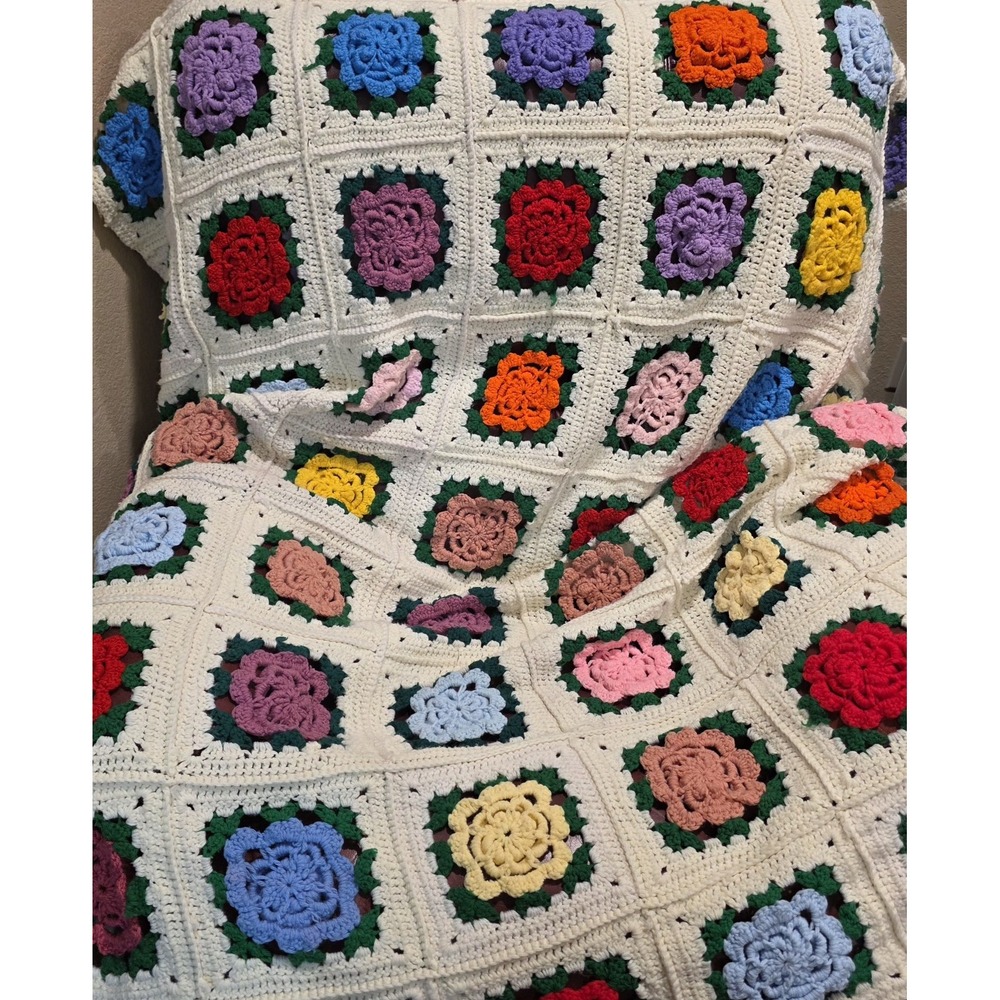 Vintage Crochet 3D Rose Afghan Blanket Granny Square MultiColored Queen 52"x82"